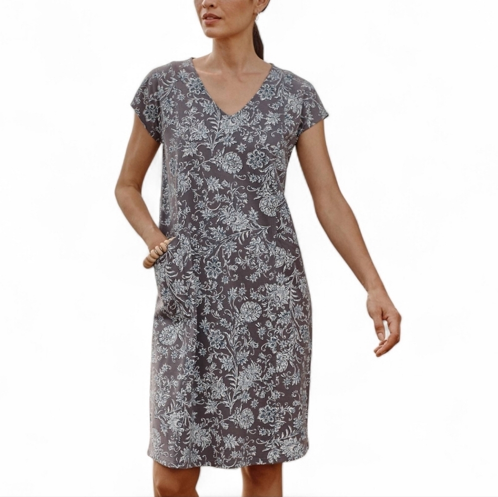 PURE JILL Easy Knit Capped Sleeve VNeck Floral Two-Pocket Pullover Dress XS